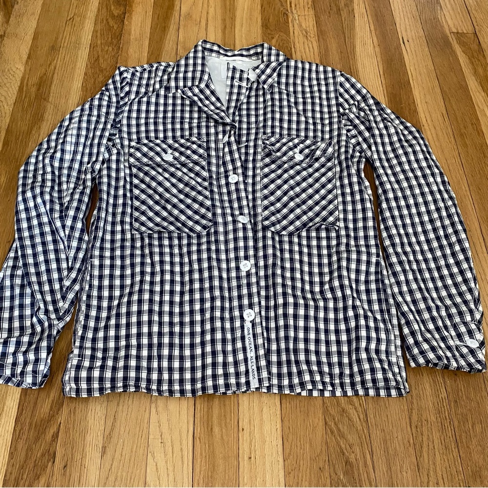 Nanamica Wind Overshirt Lined Jacket Men’s Small Navy Gingham Button Up EUC